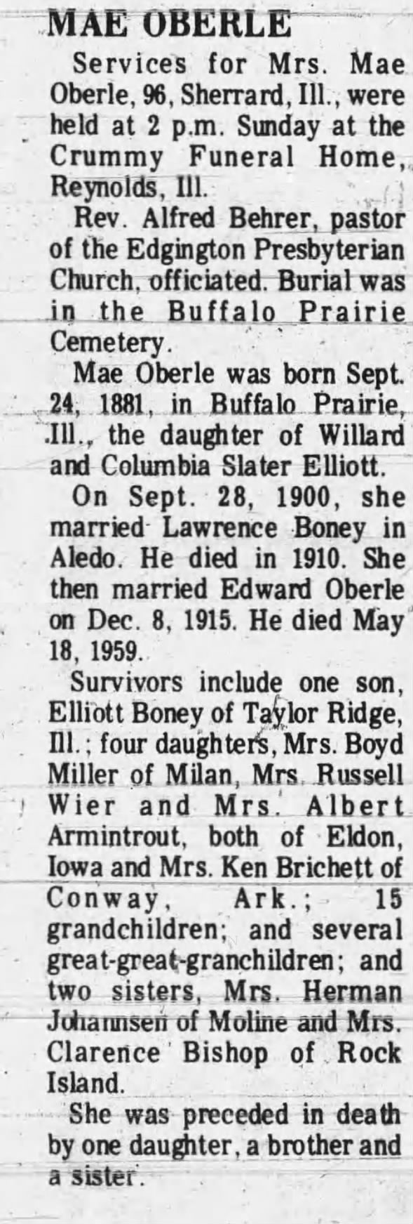 Obituary for Mae Oberle (Aged 96)